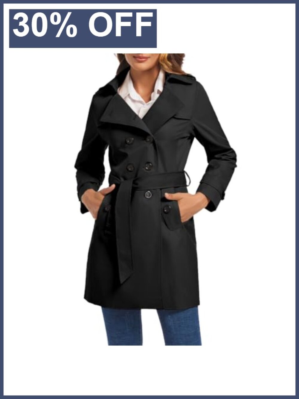 Water Resistant Double Breasted Trench Coat Belted Windbreaker